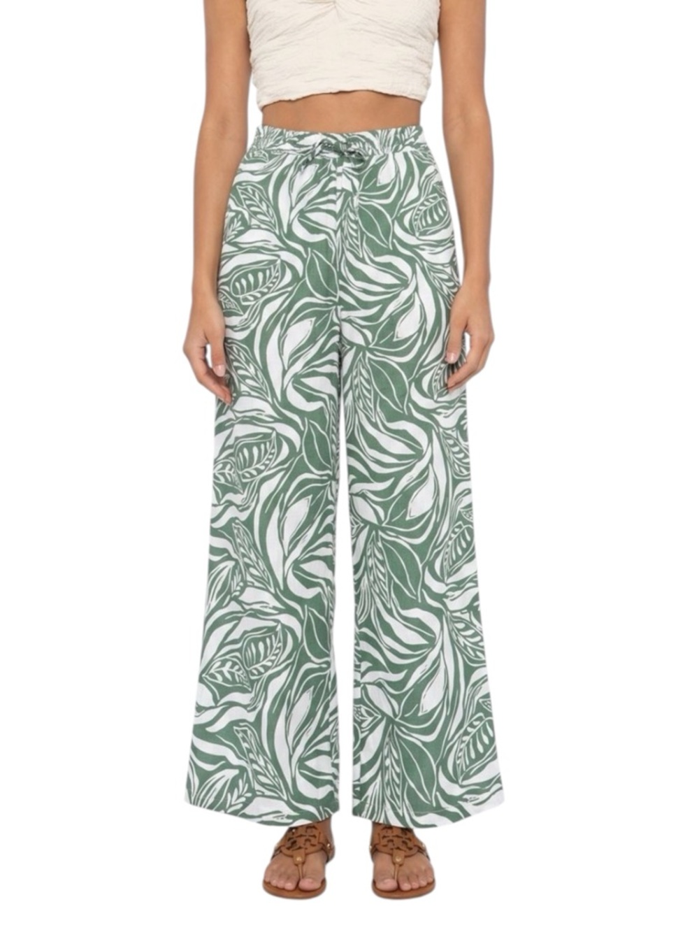 Peach L ivory green leaf print wide leg drawstring pants